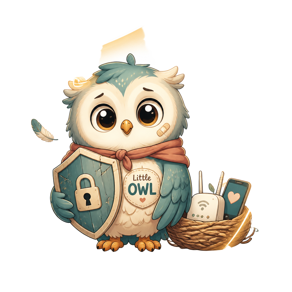 Little OWL, the Project OWL mascot: a brave baby owl holding a cracked cybersecurity shield beside a small digital nest, gently glowing.
